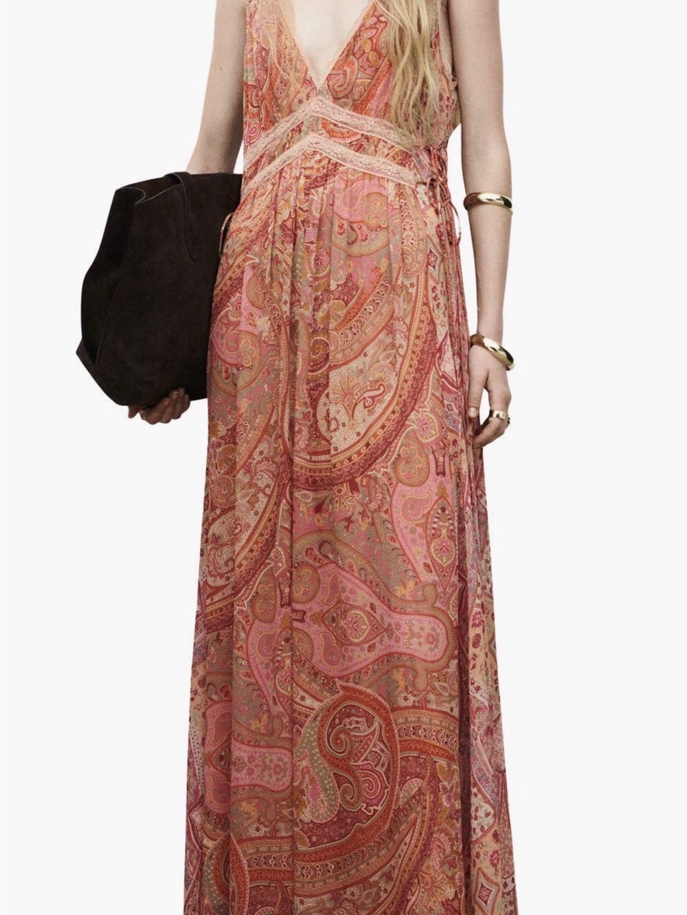 Mango NWT Bohemian Paisley Maxi Side-Tie Dress Pink & Peach & Cream